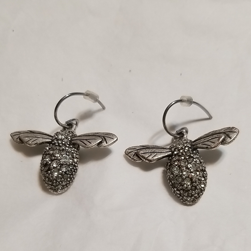 BUMBLE BEE EARRINGS, 5/8" X 7/8", Clear Rhinestones In Silvertone, EUC
